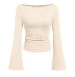 PRETTYGARDEN Womens Long Sleeve Shirts 2026 Spring Crop Going Out Tops Casual Boat Neck Bell Sleeve Ribbed Ruched Y2K Clothes