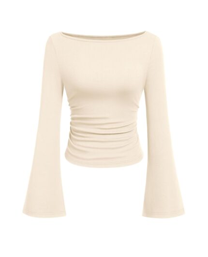 PRETTYGARDEN Womens Long Sleeve Shirts 2026 Spring Crop Going Out Tops Casual Boat Neck Bell Sleeve Ribbed Ruched Y2K Clothes